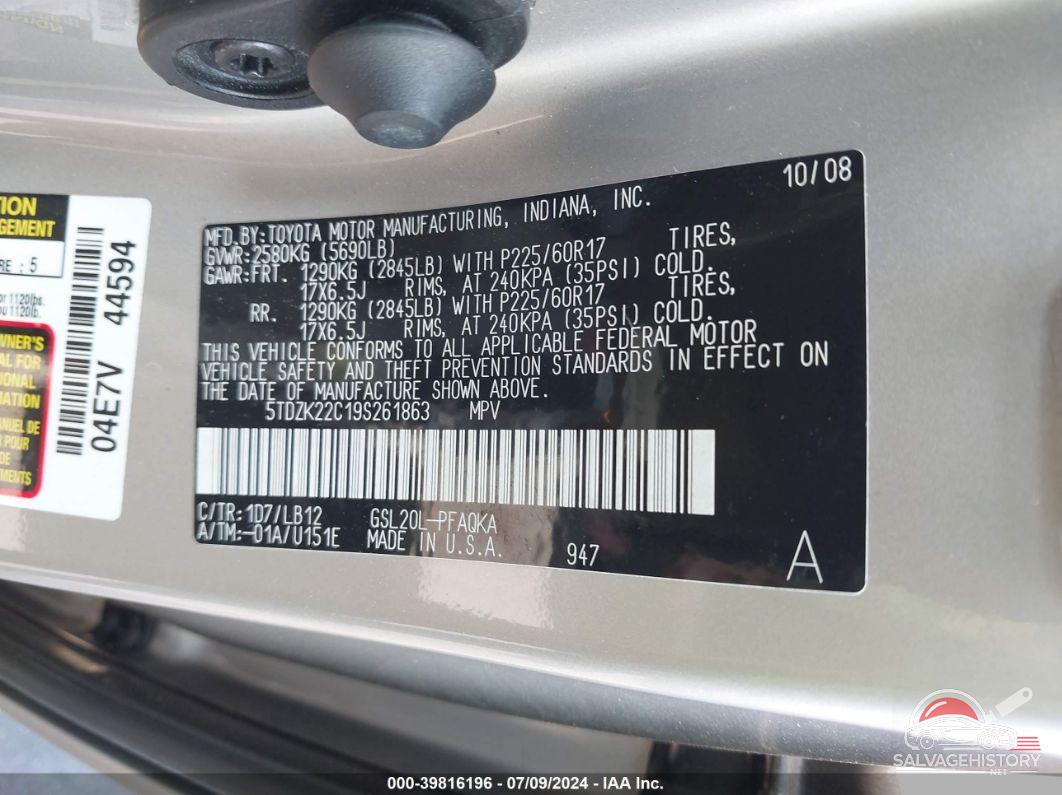 5TDZK22C19S261863 2009 TOYOTA SIENNA photo no. 9