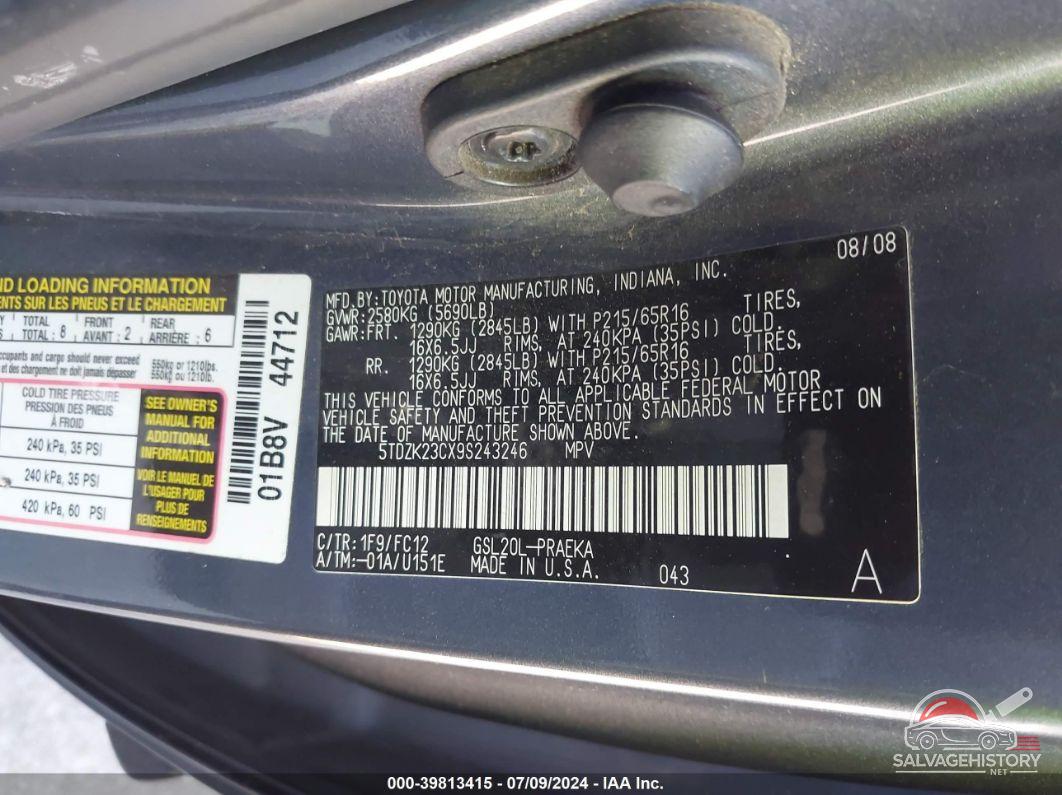 5TDZK23CX9S243246 2009 TOYOTA SIENNA photo no. 9