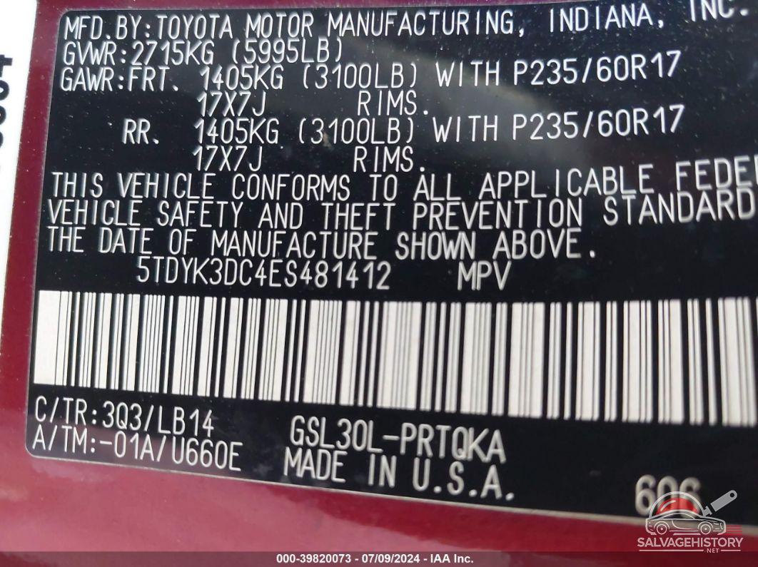5TDYK3DC4ES481412 2014 TOYOTA SIENNA photo no. 9