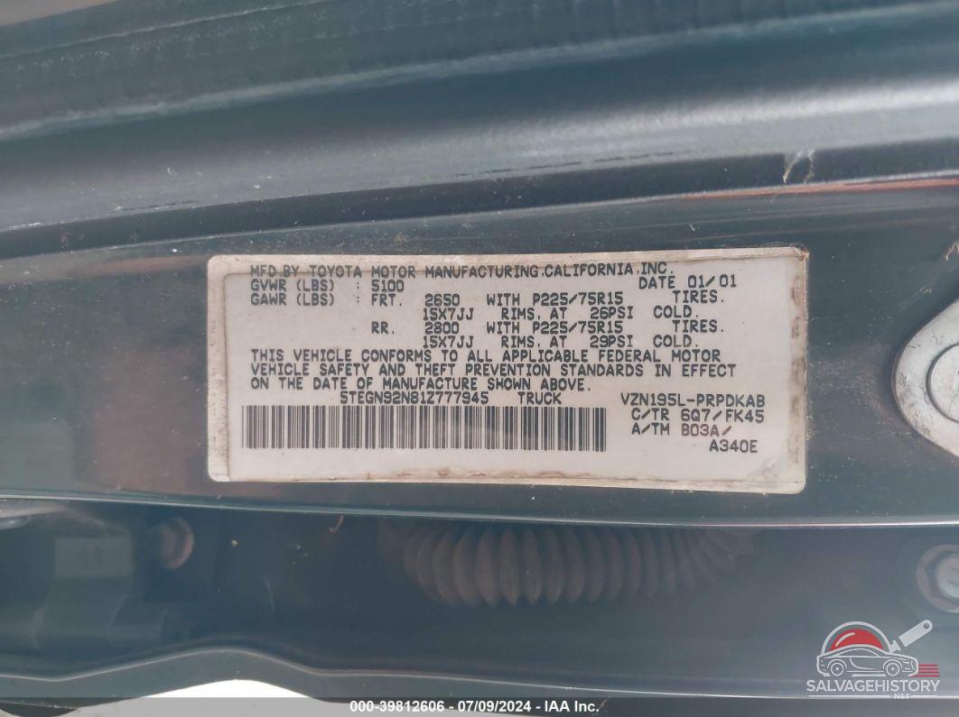 5TEGN92N81Z777945 2001 TOYOTA TACOMA photo no. 9