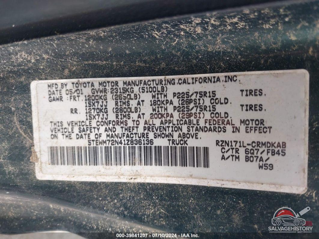 5TEWM72N41Z836136 2001 TOYOTA TACOMA photo no. 9