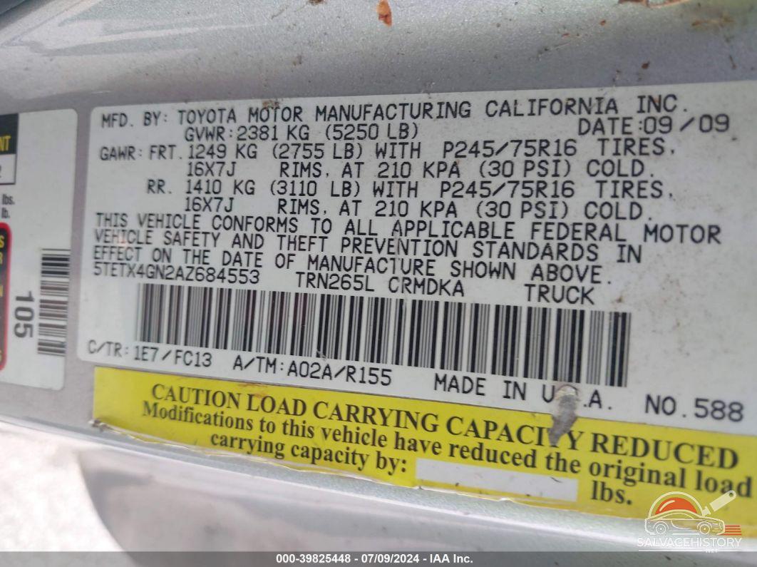 5TETX4GN2AZ684553 2010 TOYOTA TACOMA photo no. 9