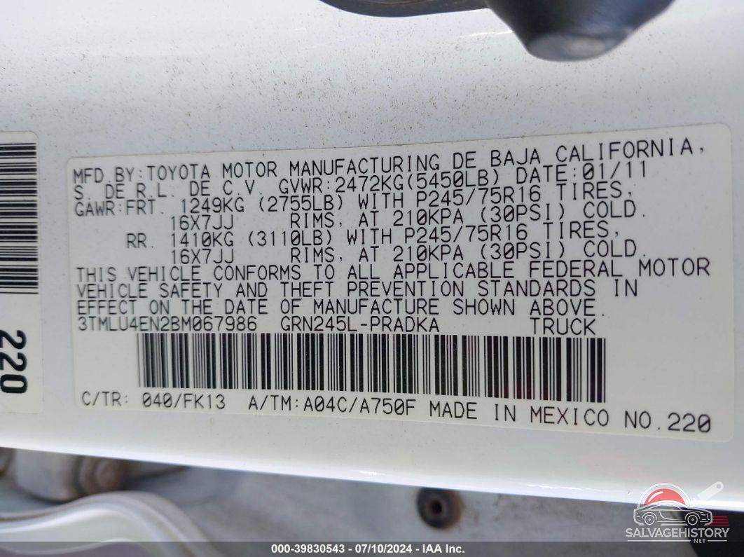 3TMLU4EN2BM067986 2011 TOYOTA TACOMA photo no. 9