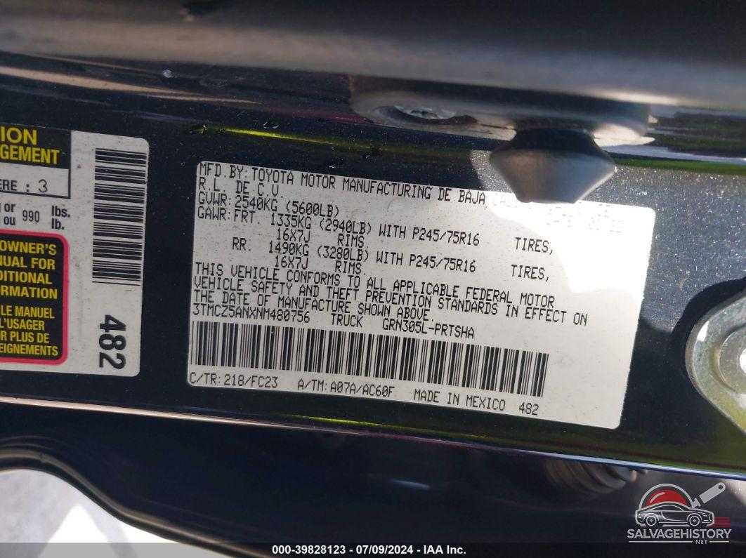 3TMCZ5ANXNM480756 2022 TOYOTA TACOMA photo no. 9