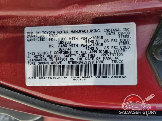 5TBRN34131S131380 2001 TOYOTA TUNDRA photo no. 12