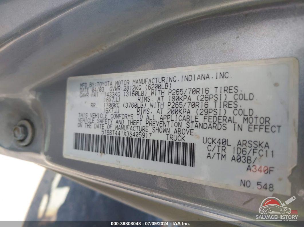 5TBBT441X3S405917 2003 TOYOTA TUNDRA photo no. 9