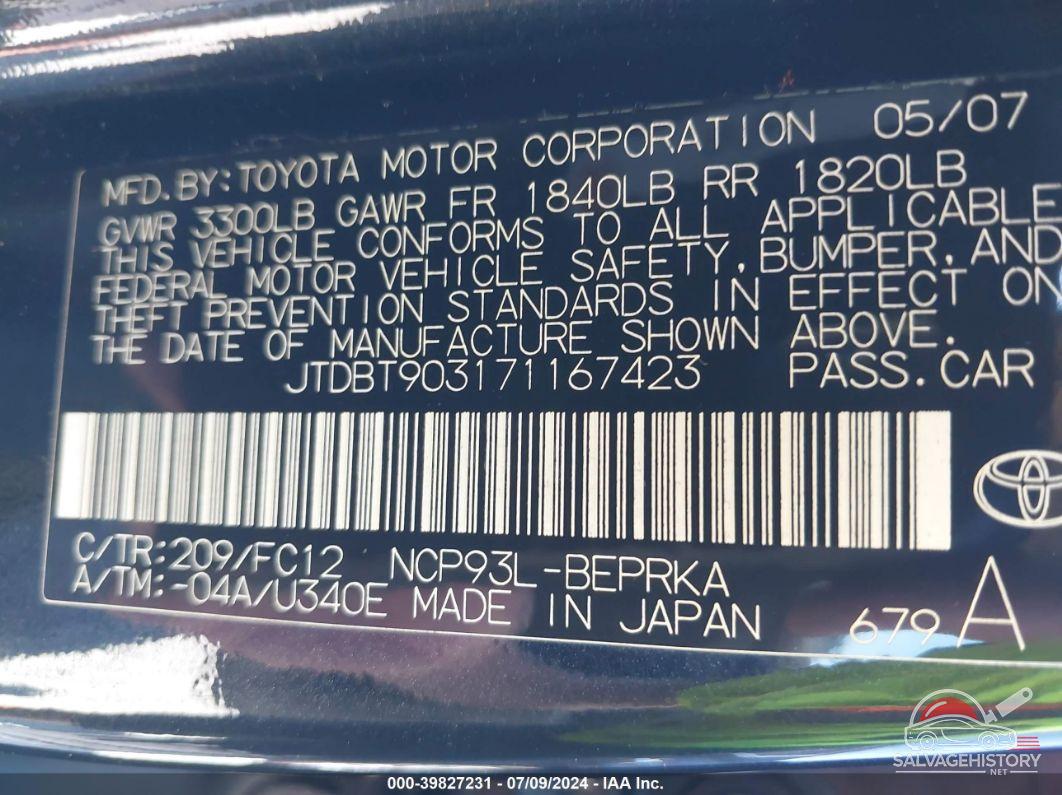 JTDBT903171167423 2007 TOYOTA YARIS photo no. 9
