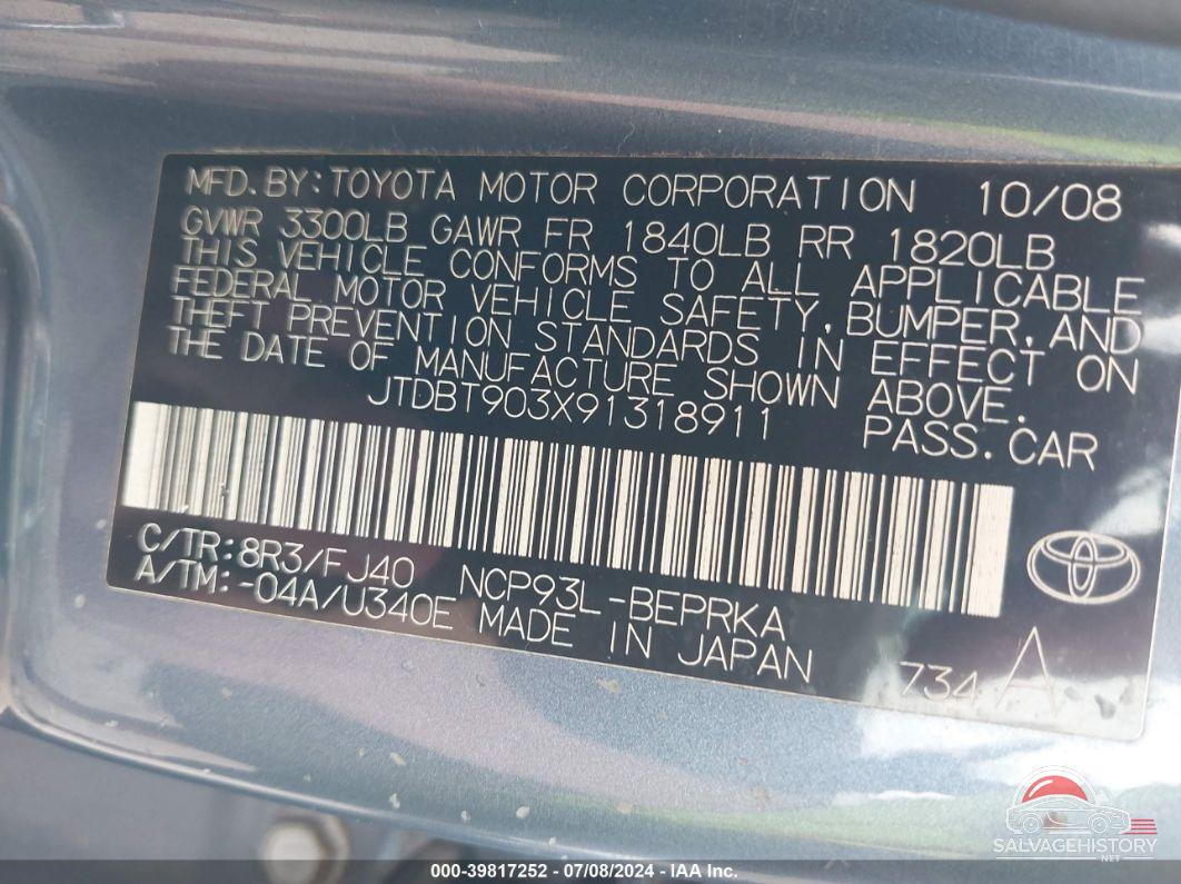 JTDBT903X91318911 2009 TOYOTA YARIS photo no. 9
