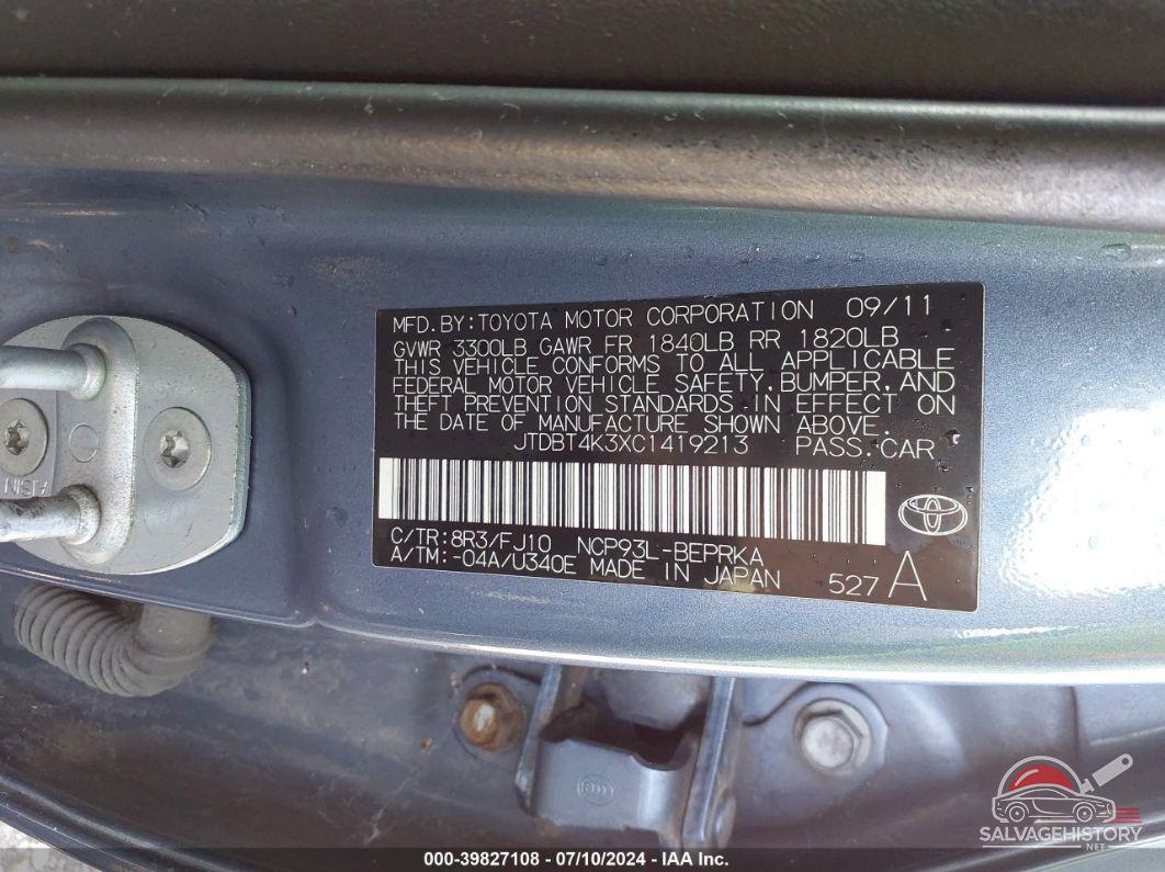 JTDBT4K3XC1419213 2012 TOYOTA YARIS photo no. 9