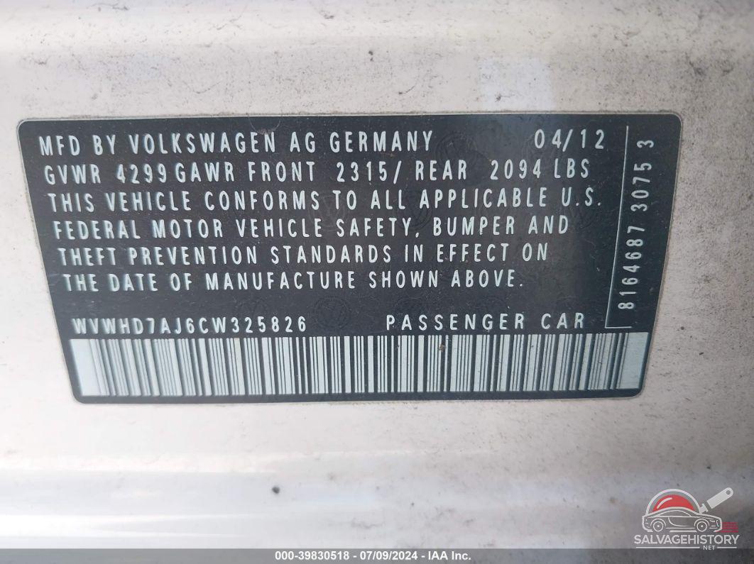 WVWHD7AJ6CW325826 2012 VOLKSWAGEN GTI photo no. 9
