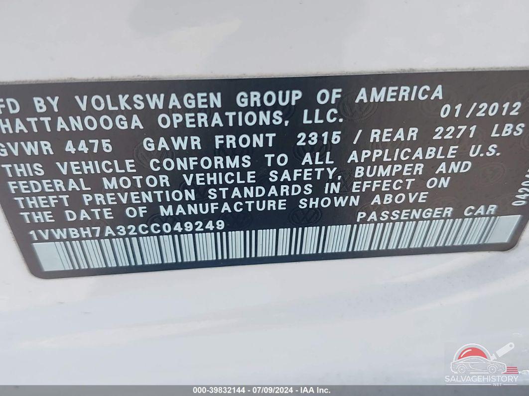 1VWBH7A32CC049249 2012 VOLKSWAGEN PASSAT photo no. 9