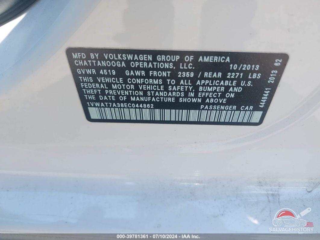 1VWAT7A38EC044862 2014 VOLKSWAGEN PASSAT photo no. 9