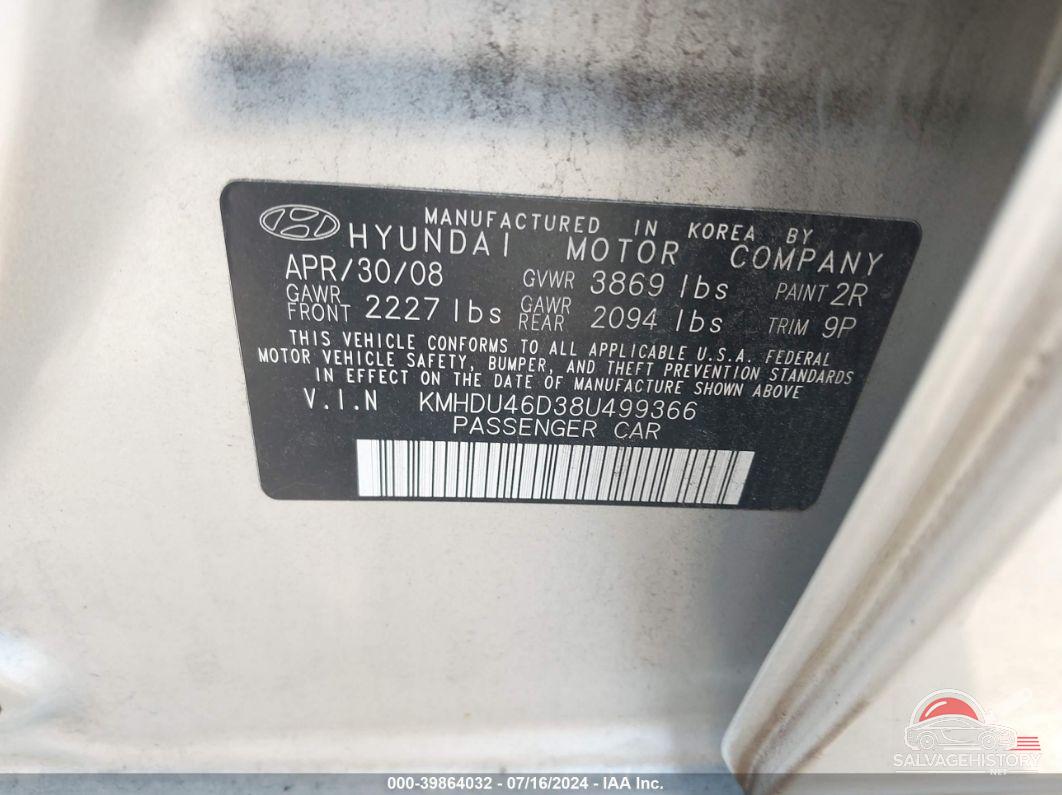 KMHDU46D38U499366 2008 HYUNDAI ELANTRA photo no. 9