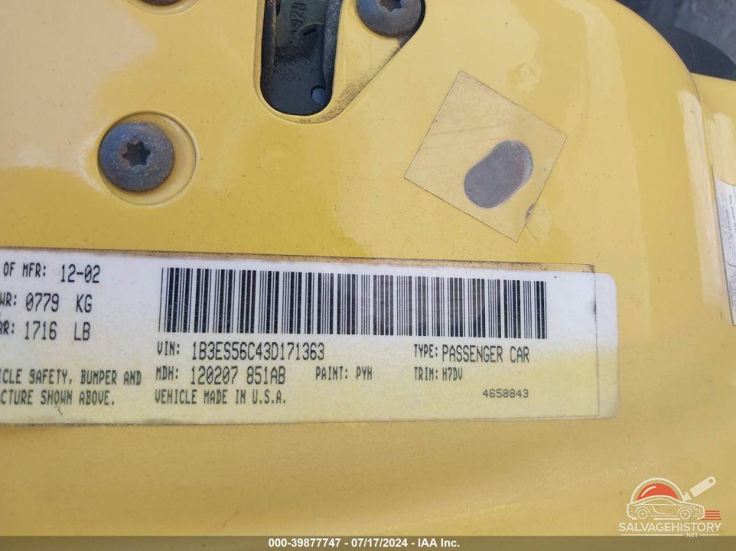 1B3ES56C43D171363 2003 DODGE NEON photo no. 9