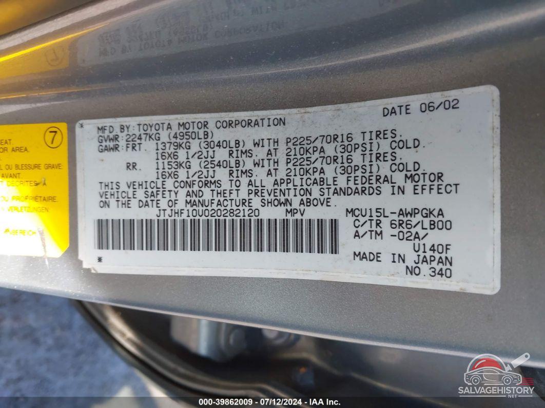 JTJHF10U020282120 2002 LEXUS RX 300 photo no. 9