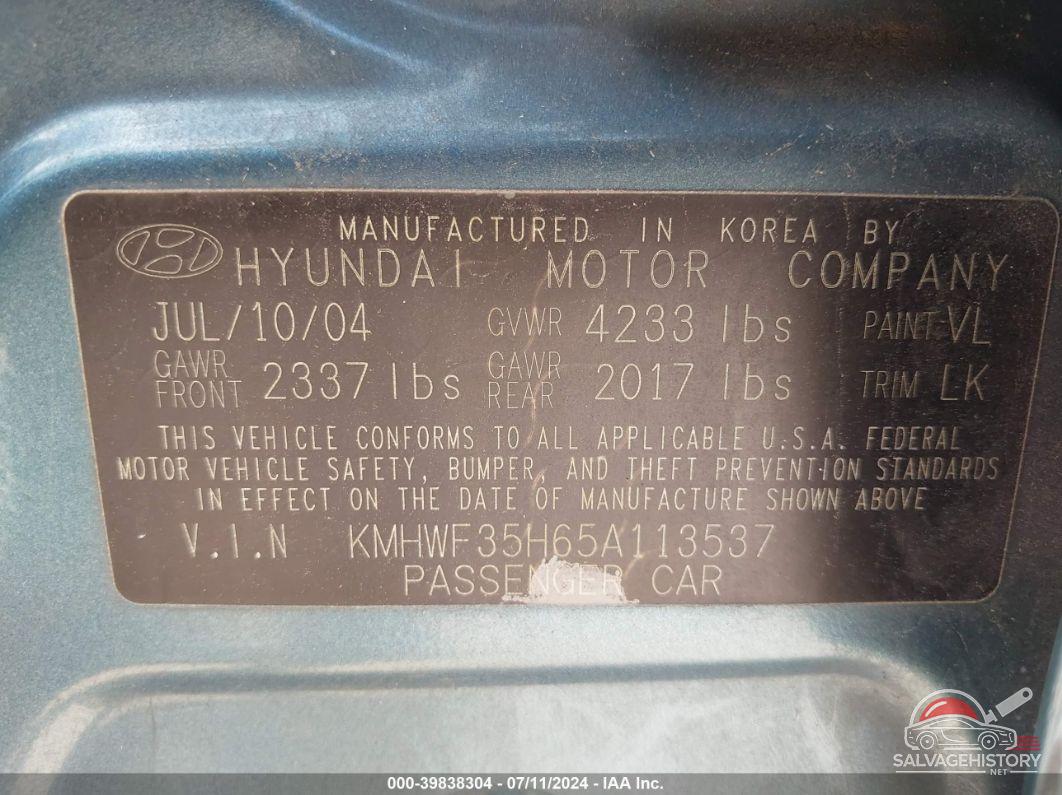 KMHWF35H65A113537 2005 HYUNDAI SONATA photo no. 9