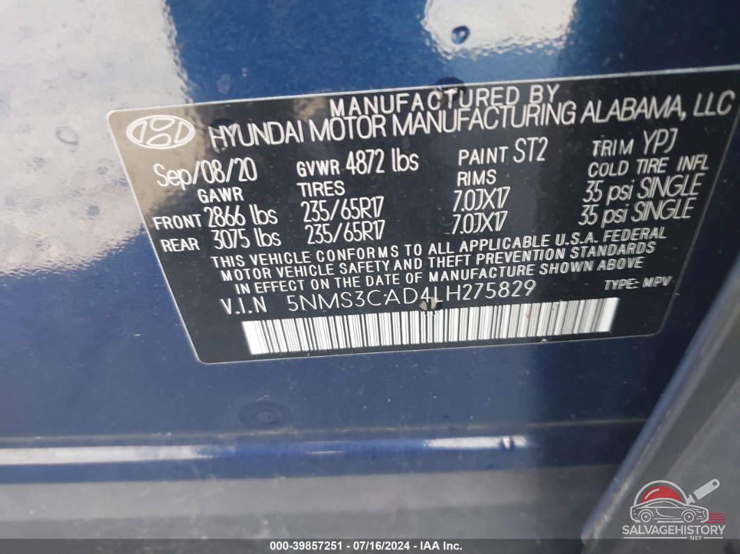 5NMS3CAD4LH275829 2020 HYUNDAI SANTA FE photo no. 9