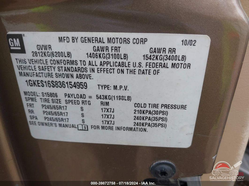1GKES16S836154959 2003 GMC ENVOY XL photo no. 9
