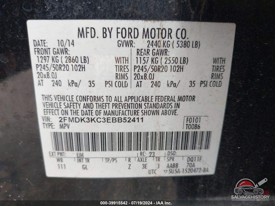 2FMDK3KC3EBB52411 2014 FORD EDGE photo no. 9