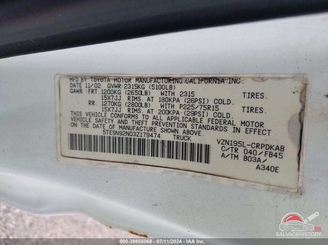 5TESN92N03Z179474 2003 TOYOTA TACOMA photo no. 9
