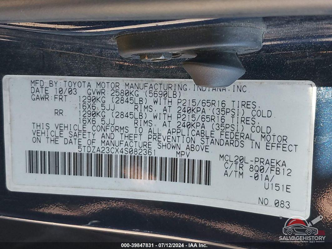 5TDZA23CX4S082361 2004 TOYOTA SIENNA photo no. 9