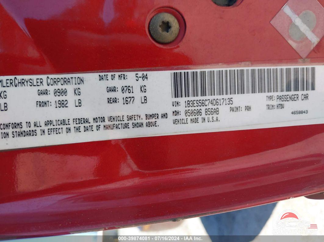 1B3ES56C74D617135 2004 DODGE NEON photo no. 9