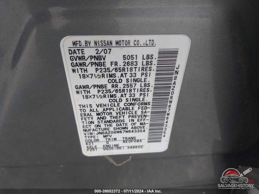 JN8AZ08W67W643354 2007 NISSAN MURANO photo no. 9