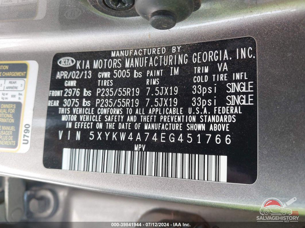 5XYKW4A74EG451766 2014 KIA SORENTO photo no. 9