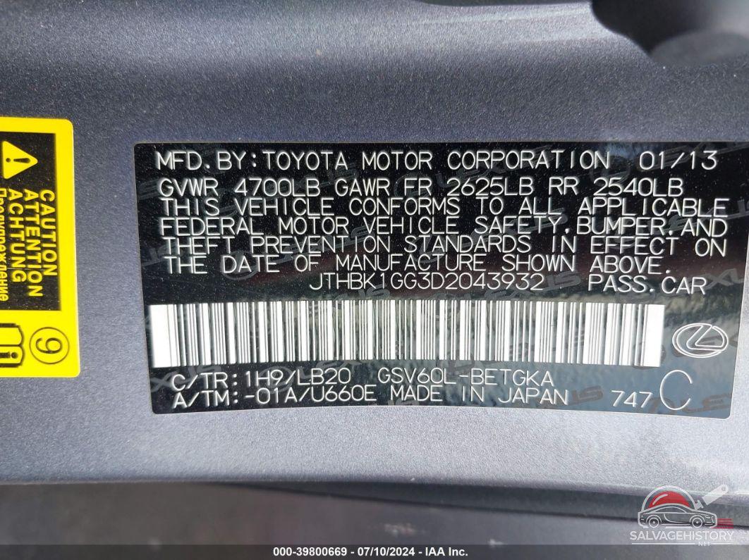 JTHBK1GG3D2043932 2013 LEXUS ES 350 photo no. 9