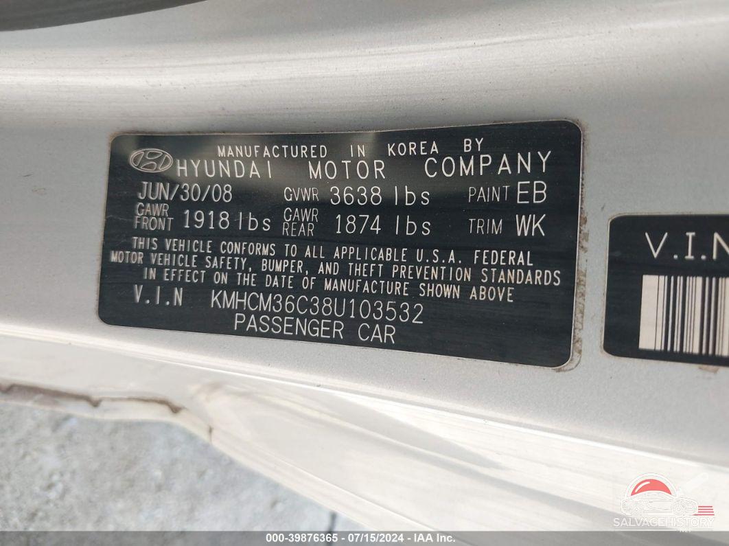 KMHCM36C38U103532 2008 HYUNDAI ACCENT photo no. 9