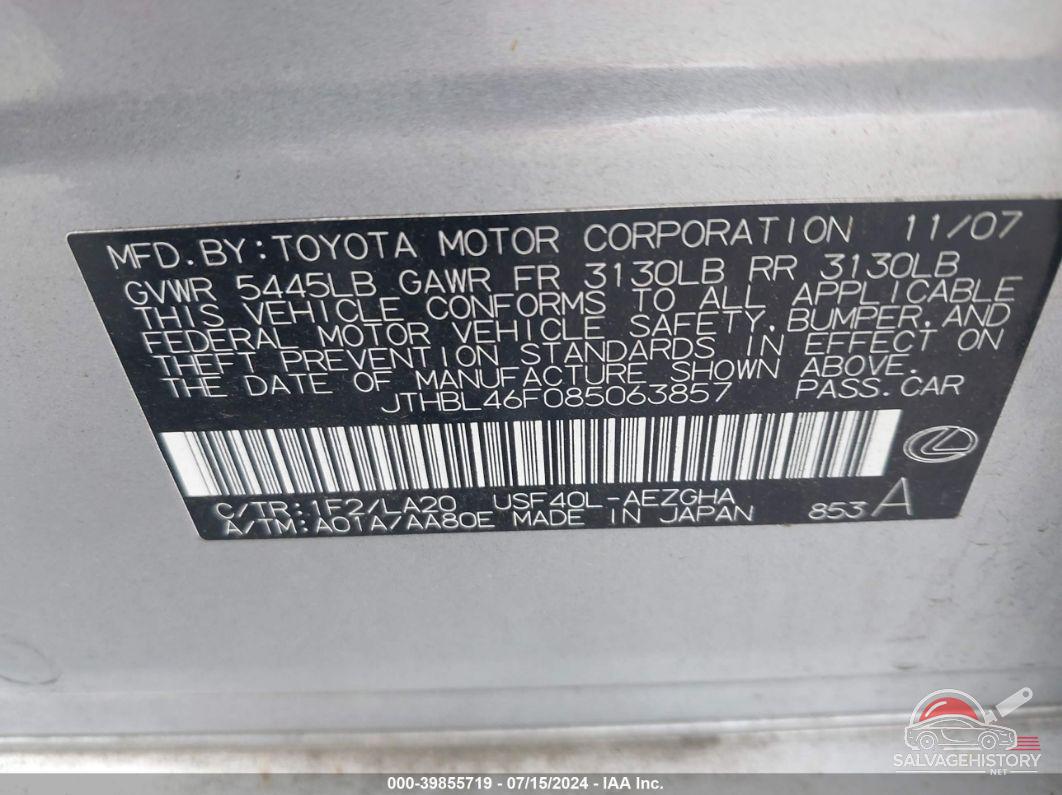 JTHBL46F085063857 2008 LEXUS LS 460 photo no. 9