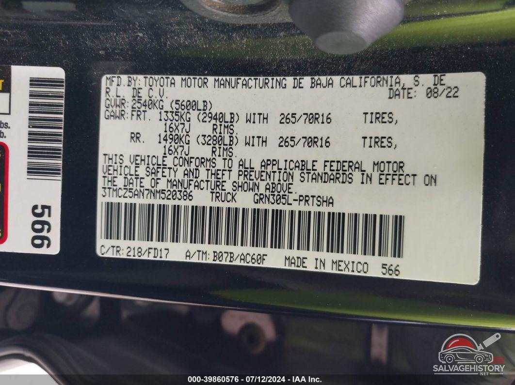 3TMCZ5AN7NM520386 2022 TOYOTA TACOMA photo no. 9