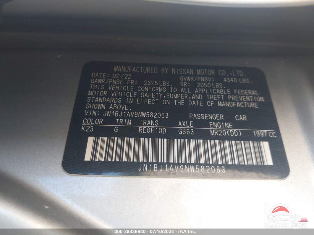 JN1BJ1AV9NW582063 2022 NISSAN ROGUE SPORT photo no. 9