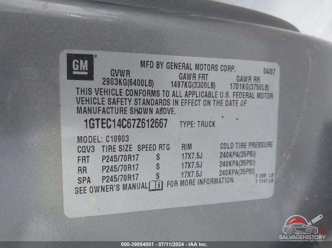 1GTEC14C67Z612667 2007 GMC SIERRA 1500 photo no. 9