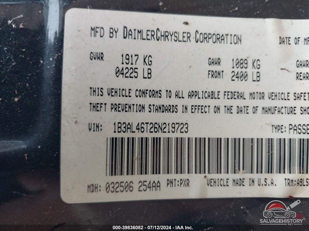 1B3AL46T26N219723 2006 DODGE STRATUS photo no. 9
