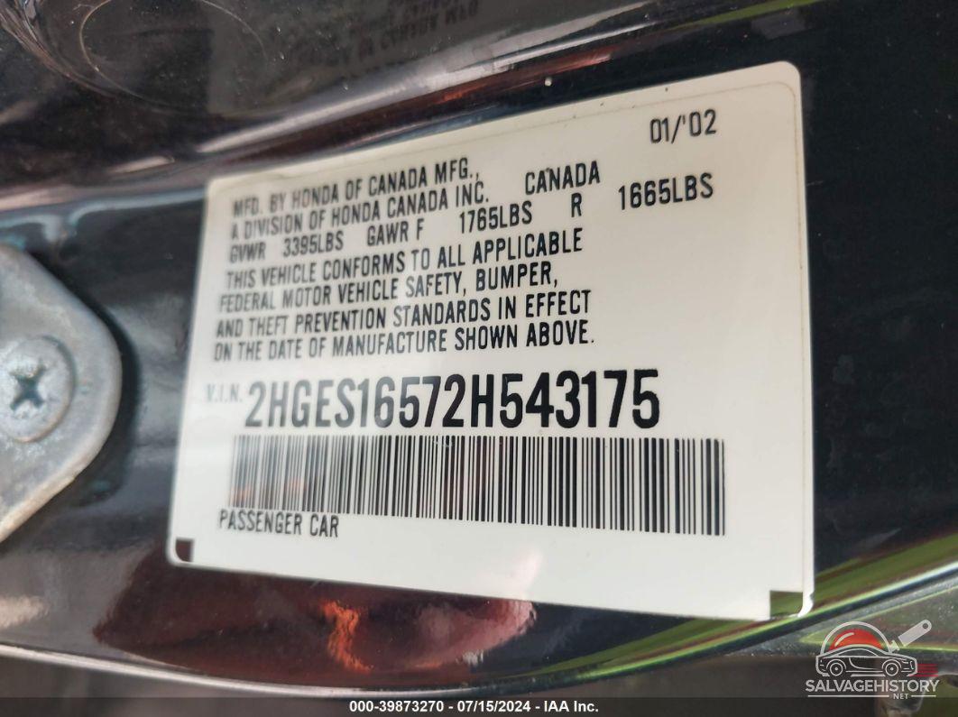 2HGES16572H543175 2002 HONDA CIVIC photo no. 9