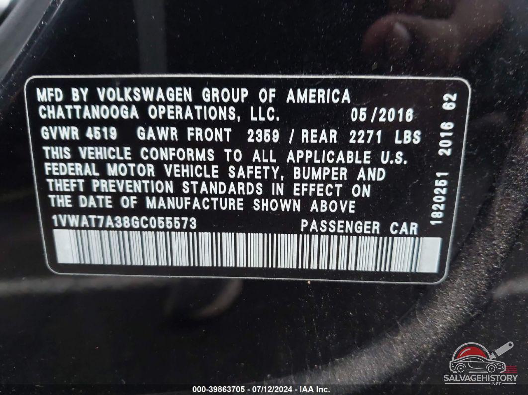 1VWAT7A38GC055573 2016 VOLKSWAGEN PASSAT photo no. 9