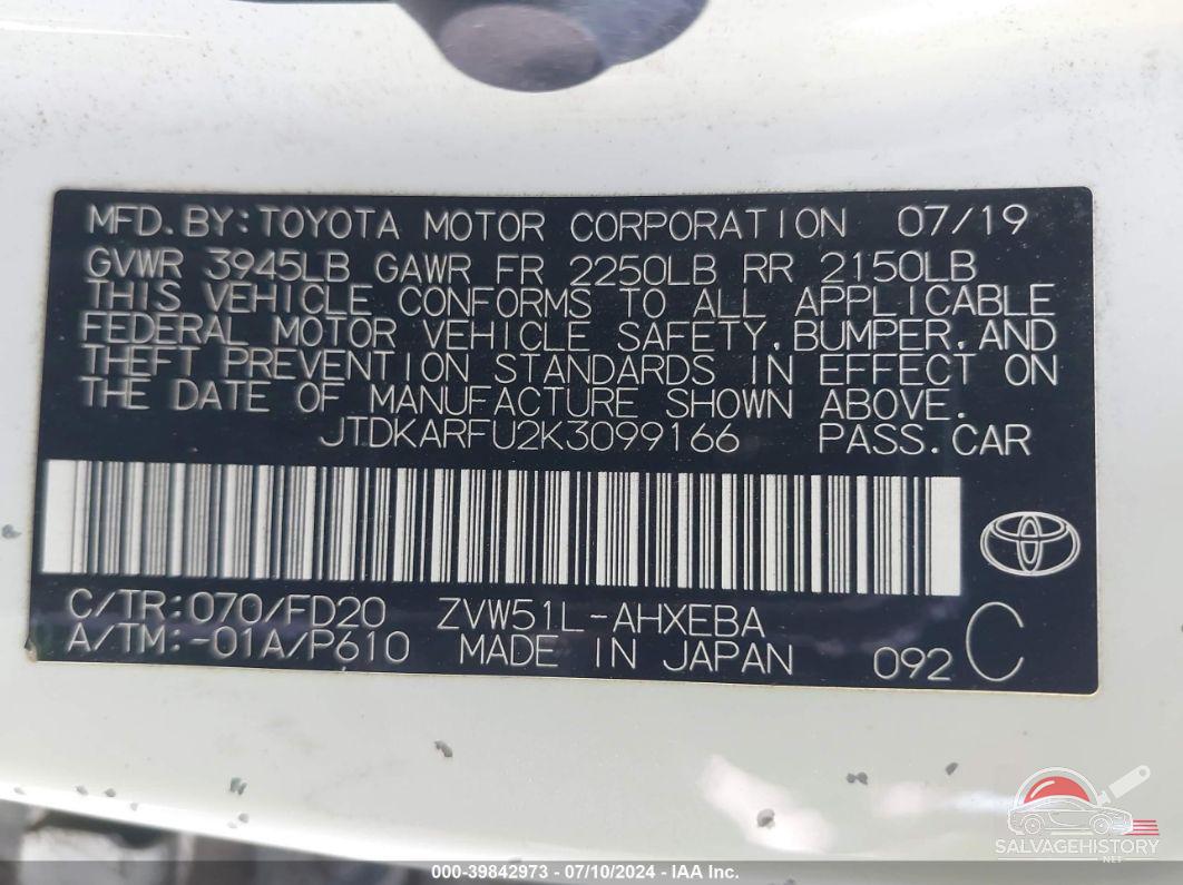 JTDKARFU2K3099166 2019 TOYOTA PRIUS photo no. 9