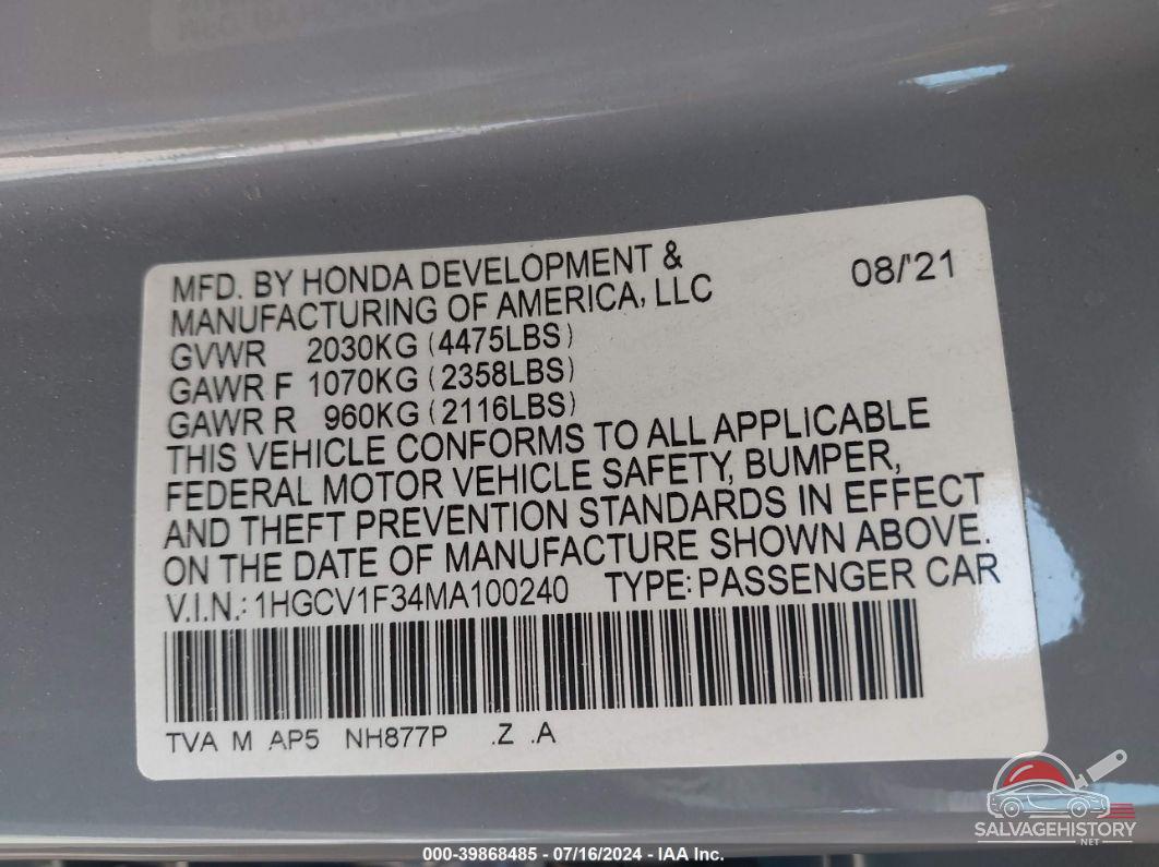 1HGCV1F34MA100240 2021 HONDA ACCORD photo no. 9