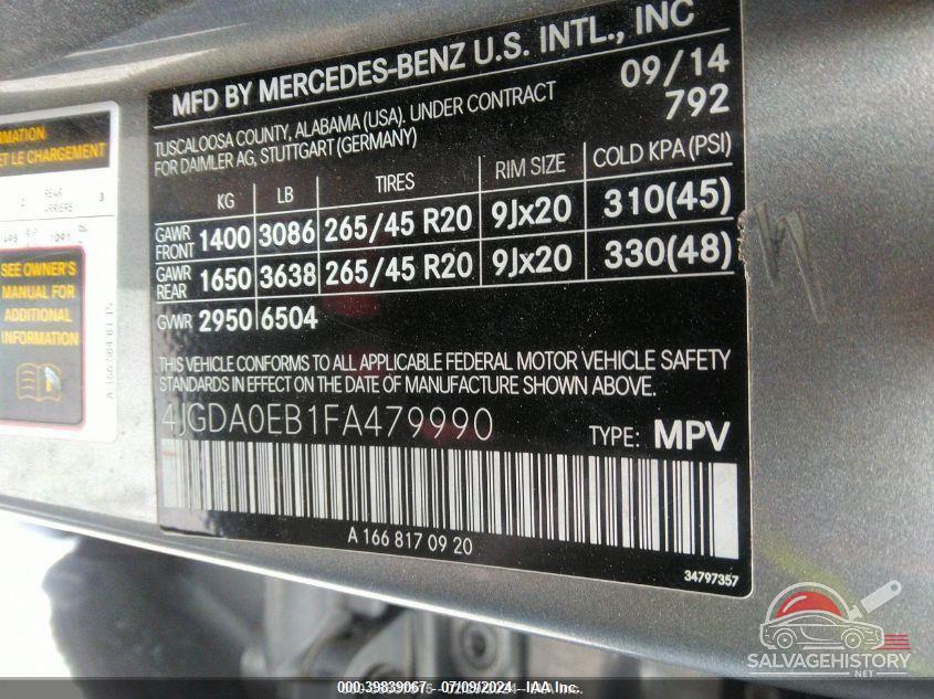 4JGDA0EB1FA479990 2015 MERCEDES-BENZ ML 250 BLUETEC photo no. 9