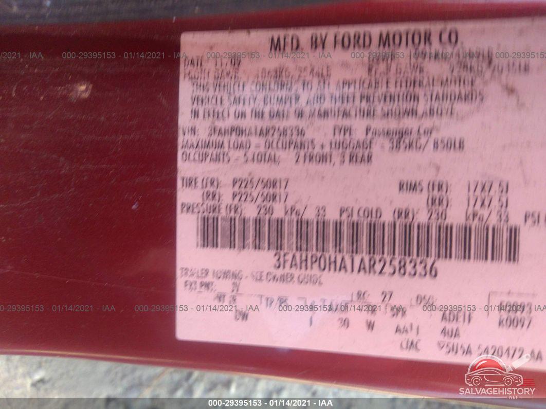 3FAHP0HA1AR258336 2010 FORD FUSION photo no. 9