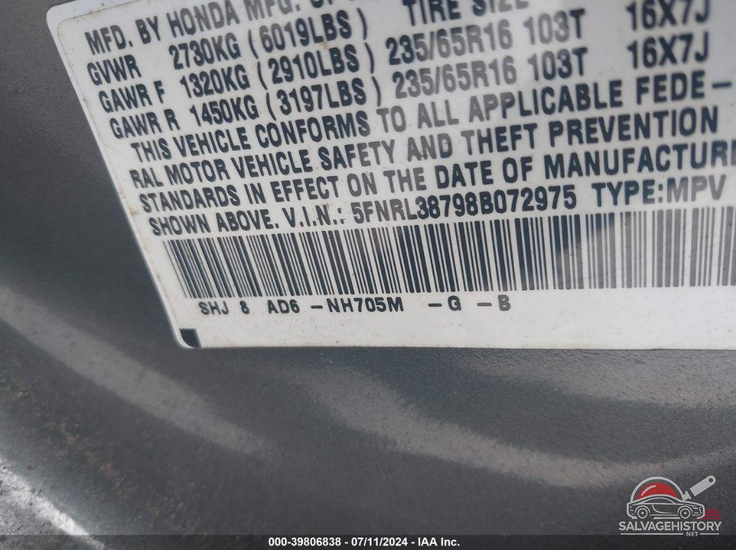 5FNRL38798B072975 2008 HONDA ODYSSEY photo no. 9