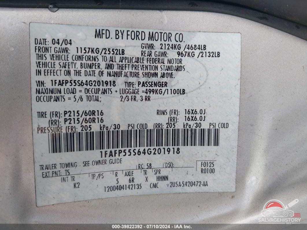 1FAFP55S64G201918 2004 FORD TAURUS photo no. 9