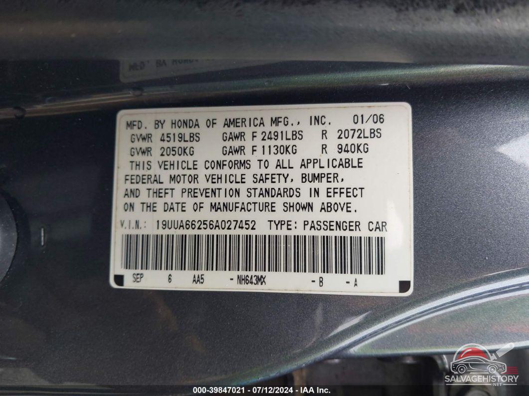 19UUA66256A027452 2006 ACURA TL photo no. 9