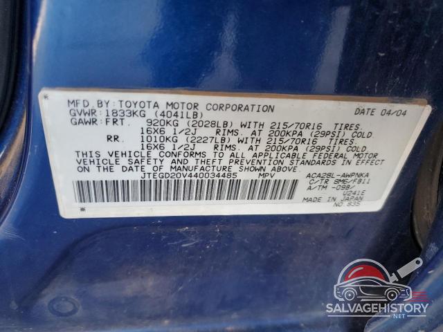 JTEGD20V440034485 2004 TOYOTA RAV4 photo no. 12