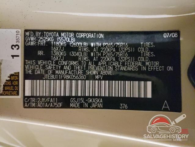 JTEBU11F98K056360 2008 TOYOTA FJ CRUISER photo no. 12