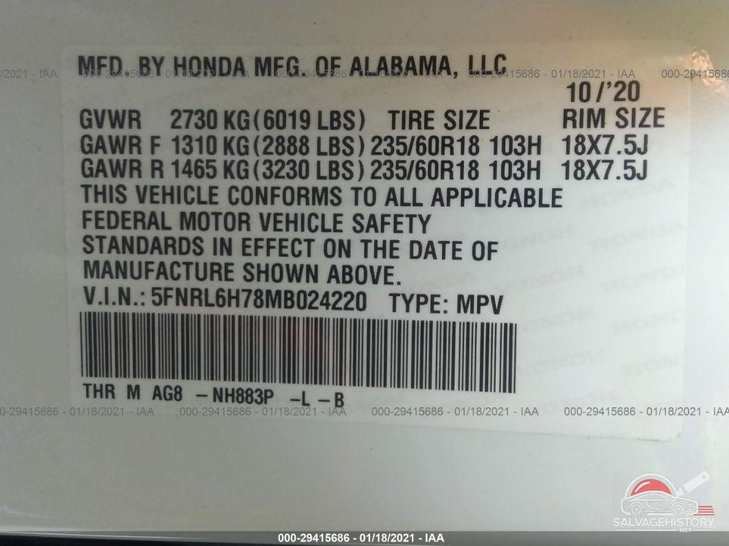 5FNRL6H78MB024220 2021 HONDA ODYSSEY photo no. 9
