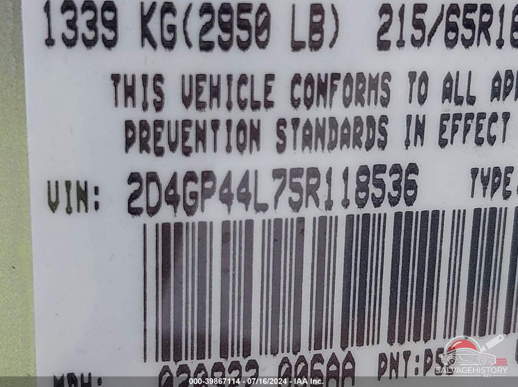 2D4GP44L75R118536 2005 DODGE GRAND CARAVAN photo no. 9