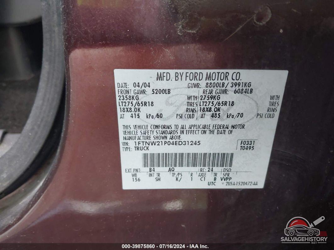1FTNW21P04ED31245 2004 FORD SUPER DUTY F-250 photo no. 9