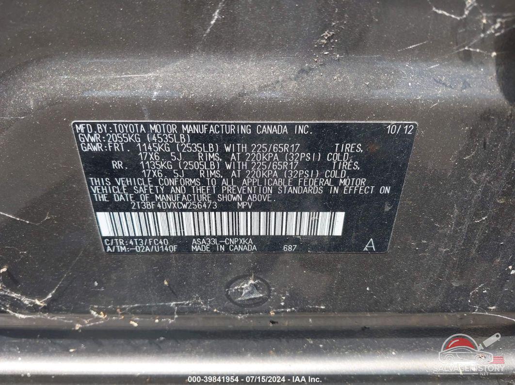 2T3BF4DVXCW256473 2012 TOYOTA RAV4 photo no. 9